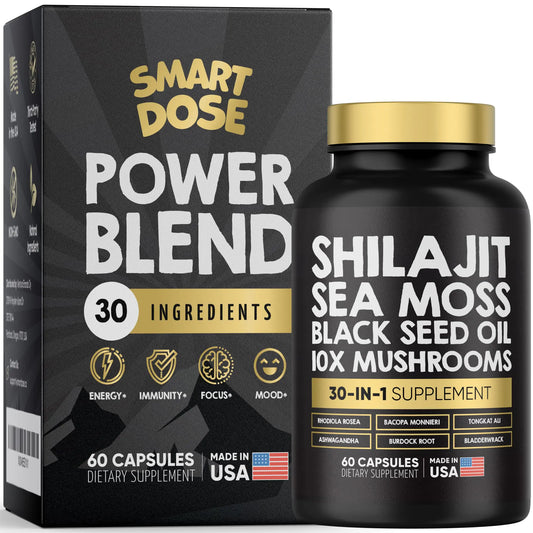 Smart Dose Power Blend Capsules - 30-in-1 Supplement Bundle with Shilajit 6000mg Sea Moss 4000mg Black Seed Oil 4000mg Ashwagandha 2000mg 10x Mushrooms Tongkat Ali Maca Holistic Pills Combo